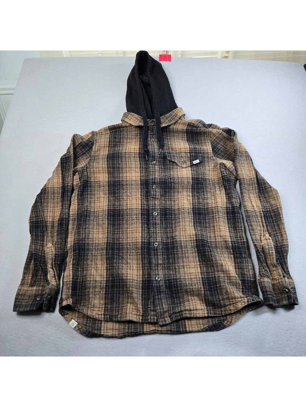 Vans Lopes Brown Black Plaid Flannel Button Up Hooded Jacket Men's Size Medium